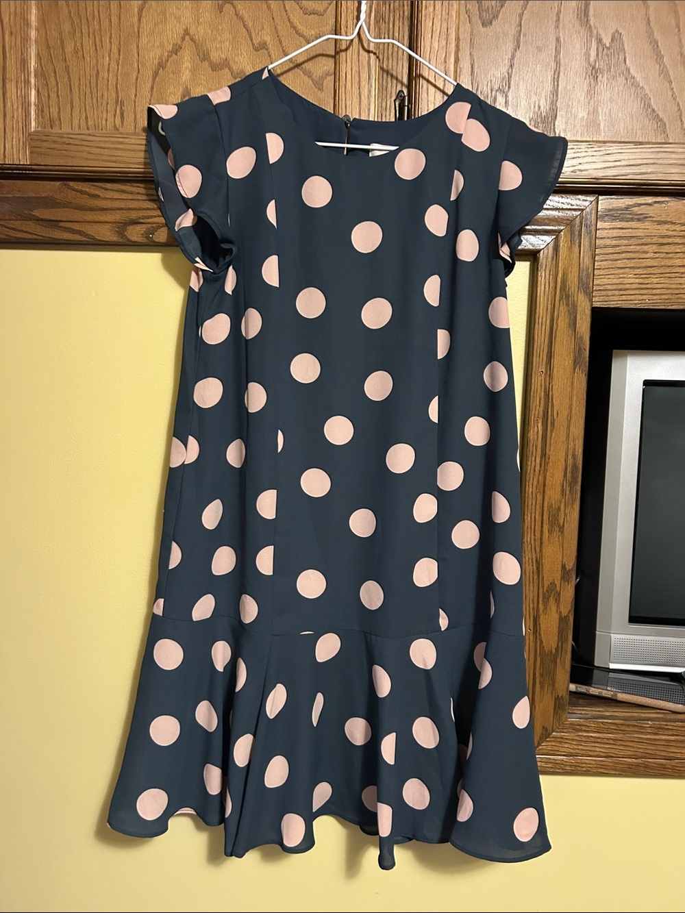 LOFT Navy Blue Mini Dress with Pink Polka Dots